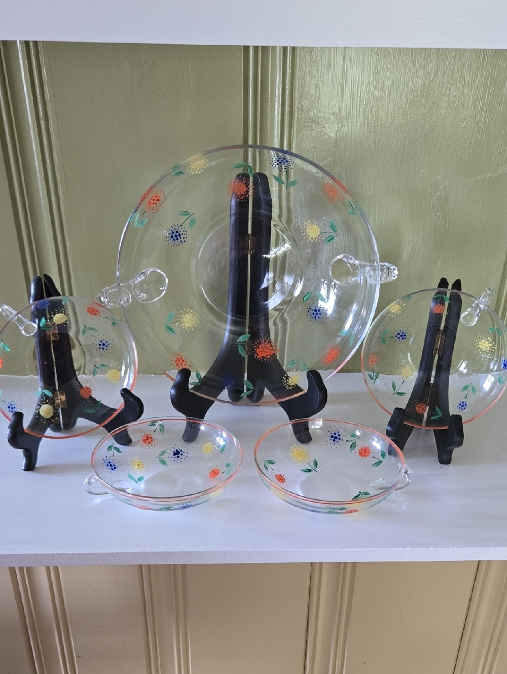 Vintage Hand painted Floral Glass Bowl Set with Handles